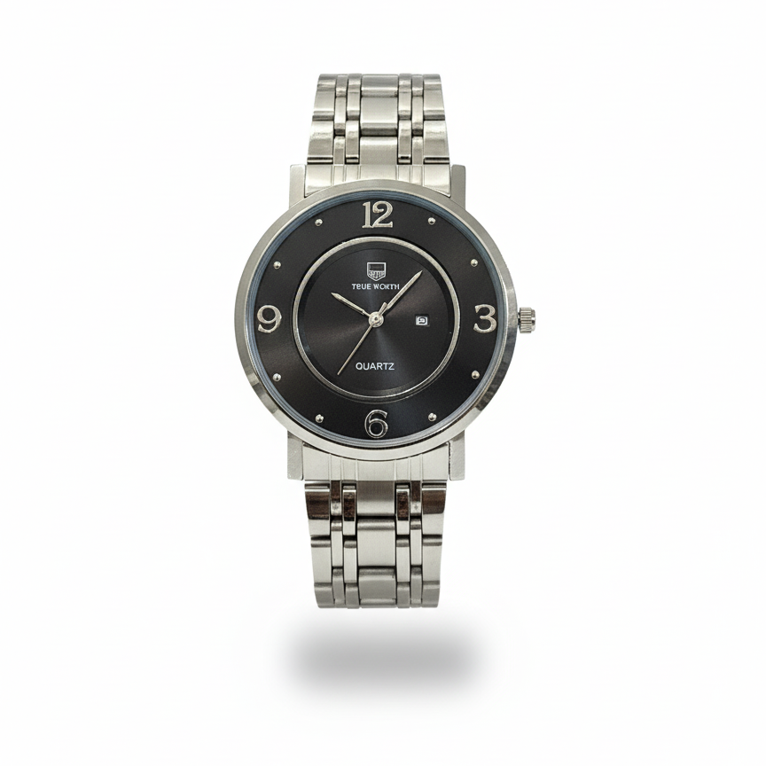 Silver watch with black dial on a white background