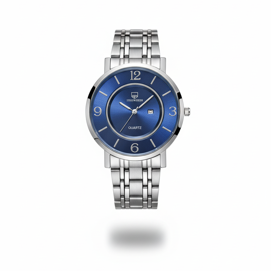 Silver watch with a blue face on a white background